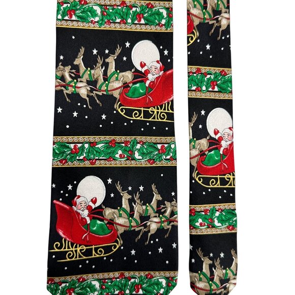 Christmas Novelty Silk Tie With Santa & Reindeer Sleigh Design Holiday Festive - Picture 2 of 8